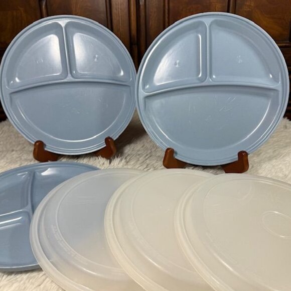 Vintage 6pc Rubbermaid Blue Microwave Servin' Saver Divided Dishes with Lids - Picture 1 of 10